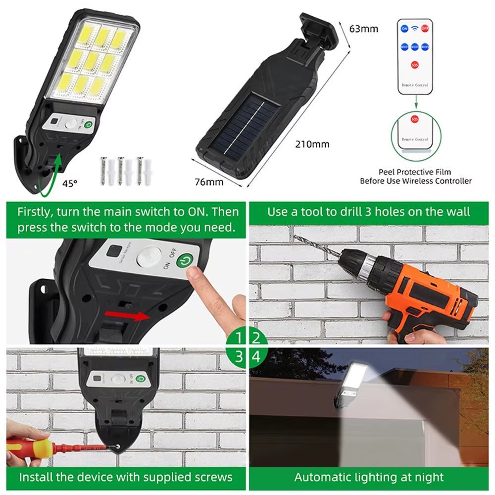 Wall Lamp, Solar Lamp, Lighting Mode, Motion Sensor Lamp Outdoor 9-Grid Cob Solar Wall Lamp Garden Wall Courtyard Path Lighting